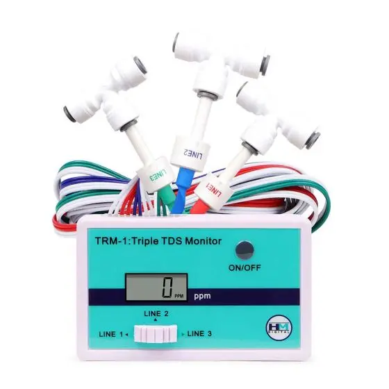 Triple In-line TDS meter voor het meten van de TDS waarde van een osmose apparaat op 3 plekken.