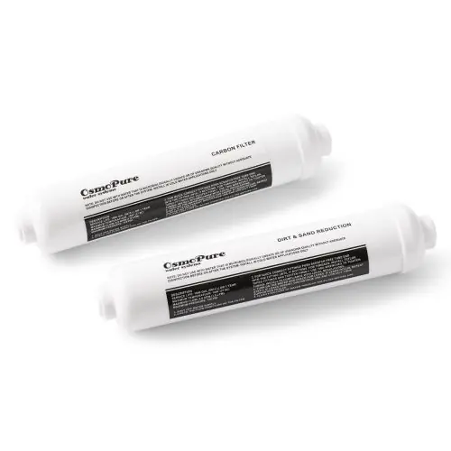 Filterset bestaande uit 1x inline sedimentfilter en 1x inline koolfilter van 2 inch.