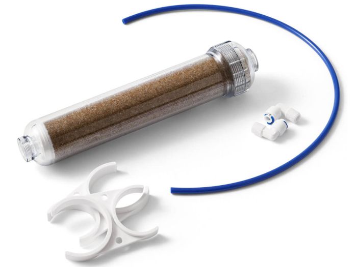 Hervulbaar inline DI filter 2 inch met daarin 0,35 liter DI-hars. Voor het maken van gedemineraliseerd water.