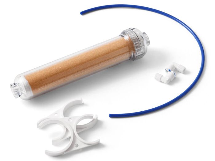 Hervulbaar inline anti-silicaat filter 2 inch met daarin 0,35 liter anti-silicaathars. Voor verdere silicaat reductie.