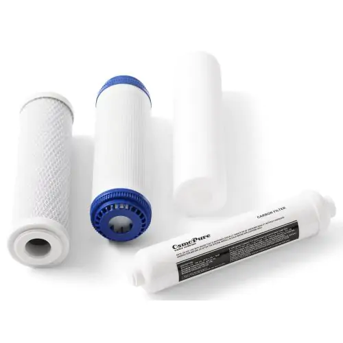 Filterset bestaande uit 1x sedimentfilter 5 micron, 1x GAC koolfilter, 1x blok koolfilter van 10 inch en 1x post koolfilter van 2 inch.