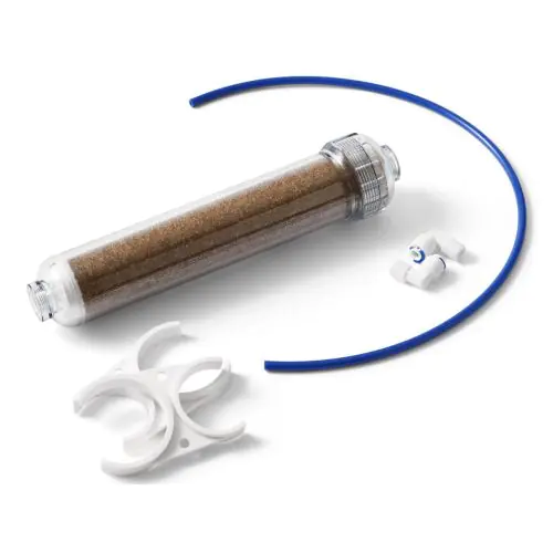 Hervulbaar inline DI filter 2 inch met daarin 0,35 liter DI-hars. Voor het maken van gedemineraliseerd water.