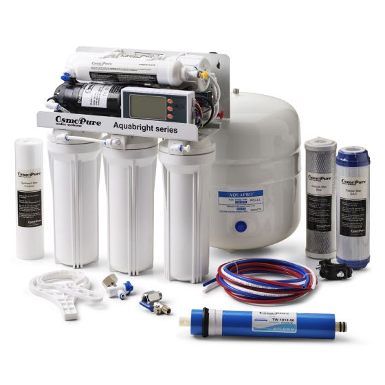 Osmoseapparaat Aquabright 50 Pro met een opbrengst van 190 liter osmose water per dag. Compleet met filters, LCD-display, boosterpomp en alle aansluitmaterialen.